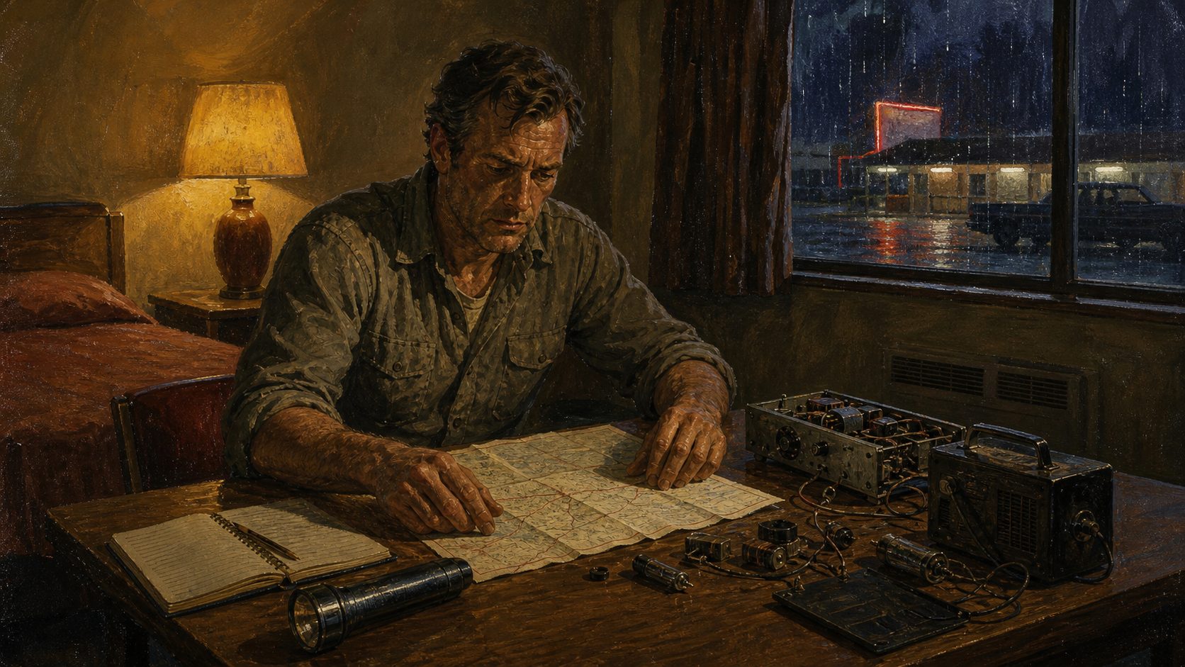 A veteran studies a map and radio equipment in a roadside motel