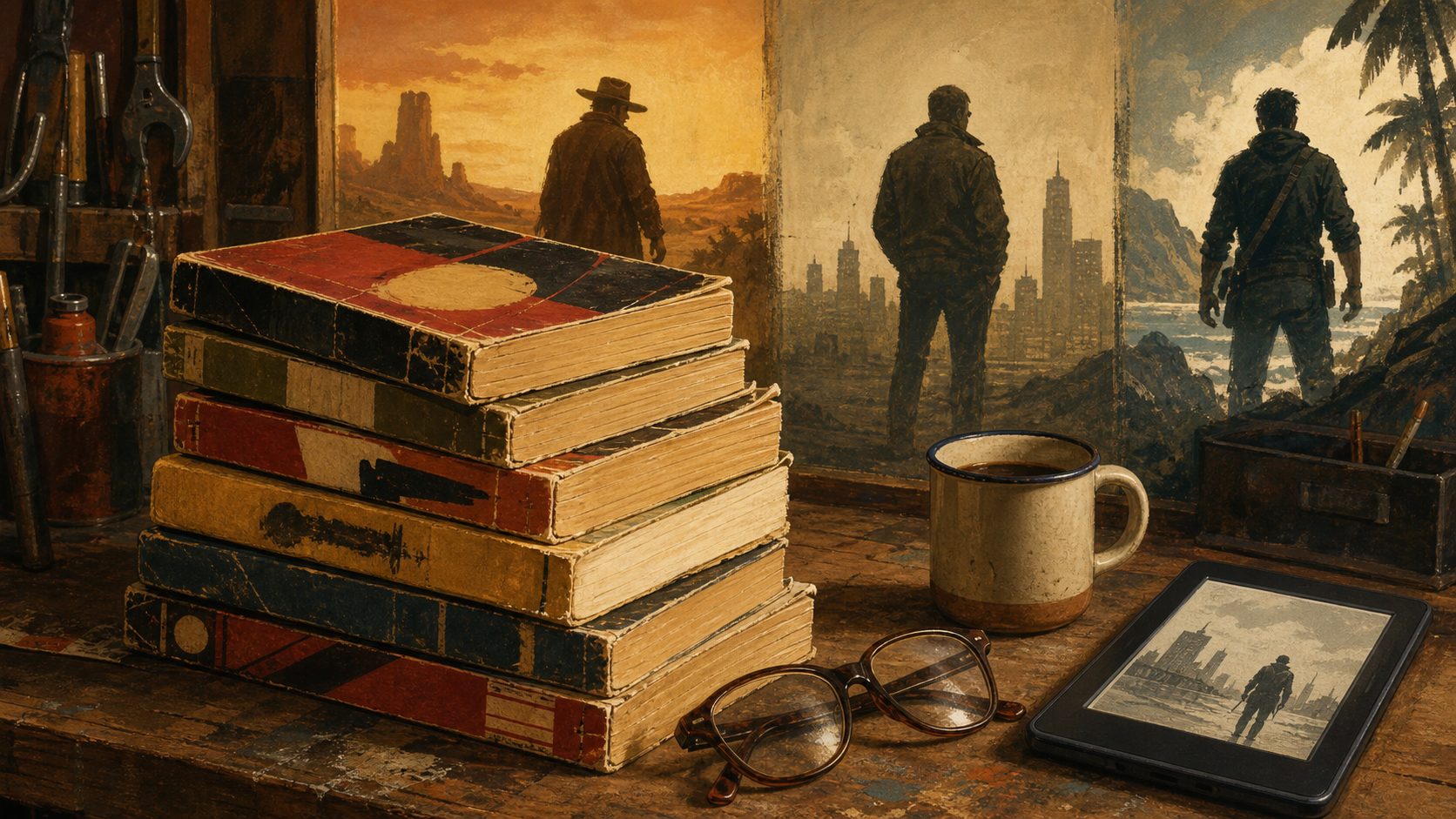 Well-read fictional action paperbacks beside an e-reader, with generations of adventure heroes in the background