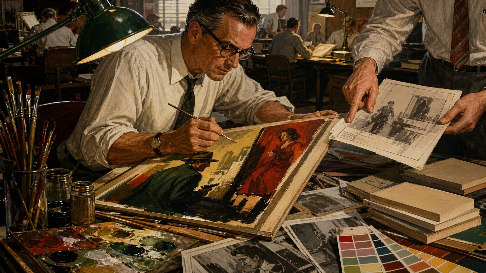A mid-century commercial illustrator works under an art director's deadline