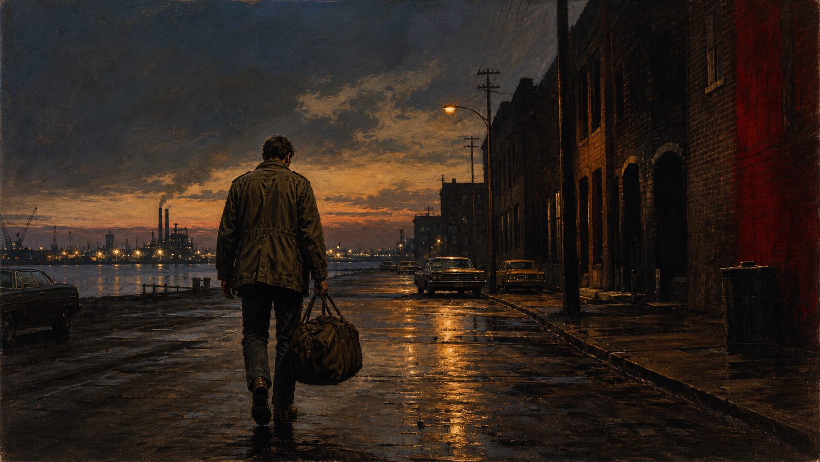 A solitary paperback warrior walks toward an industrial waterfront at dusk