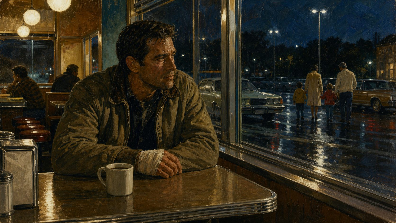 A solitary veteran watches families leave a diner on a rainy night